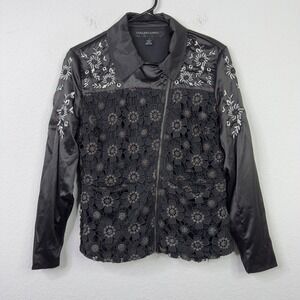 Colleen Lopez Jacket Womens 2 Black Embroidered Lace Moto Biker Cottagecore Boho